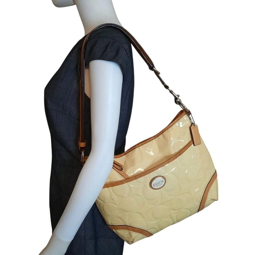 COACH Peyton #F20022 Embossed C Patent Leather Convertible Hobo Bag Yellow/Tan